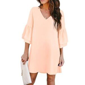Belongsci Ruffle Sleeve Vneck Dress Womens Large Peach Mini Summer